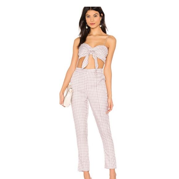 Super Down Raye Cami Pant 2 Piece Set Beige/Purple Gingham Crop Top Medium New - Picture 1 of 16